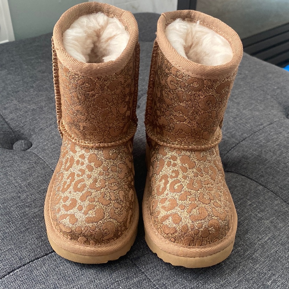 UGG boots for kids in a gold metallic print
